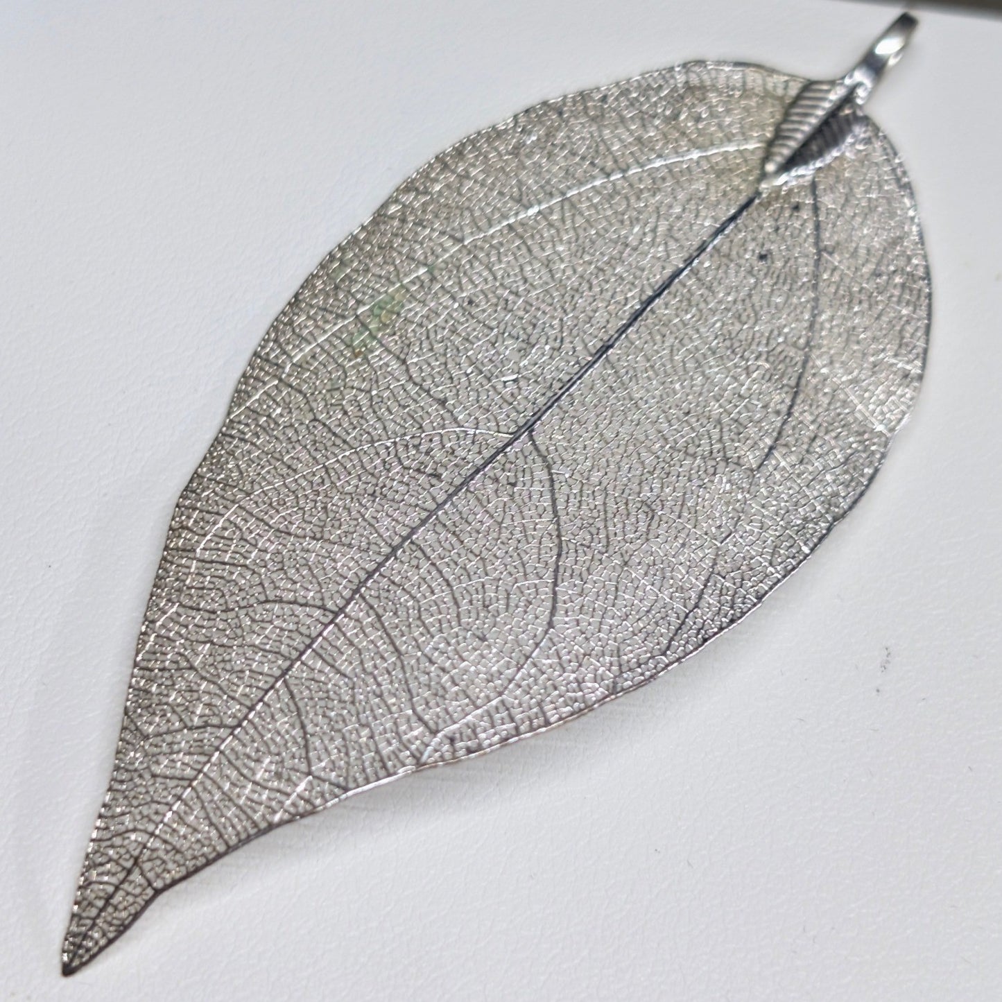 Vtg Real Leaf Filigree Pendant 3" Silver PLated ? Skeleton Leaf Nature Statement