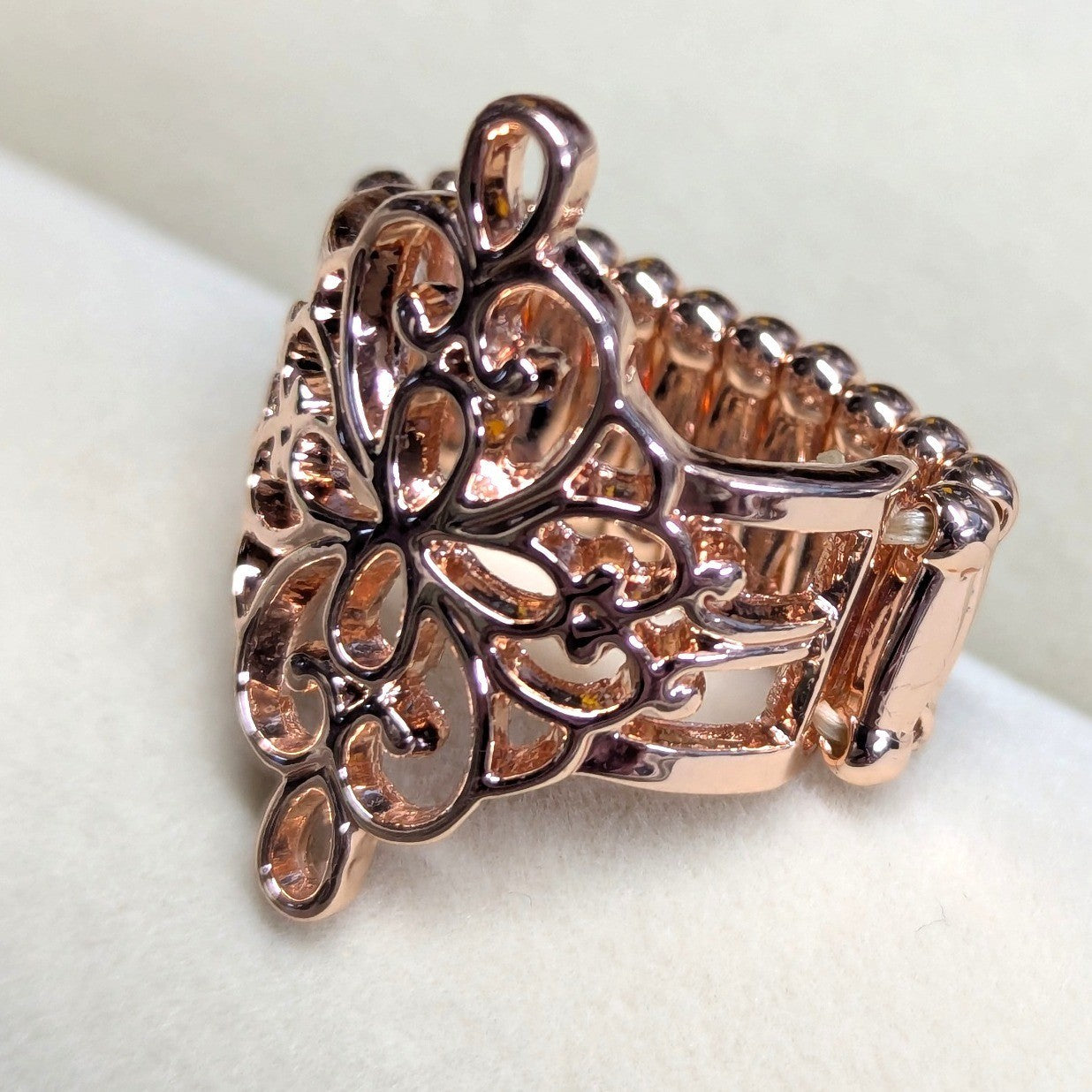 New Filigree Lt Rose GoldTone Light Copper Tone Stretch Ring Statement Boho