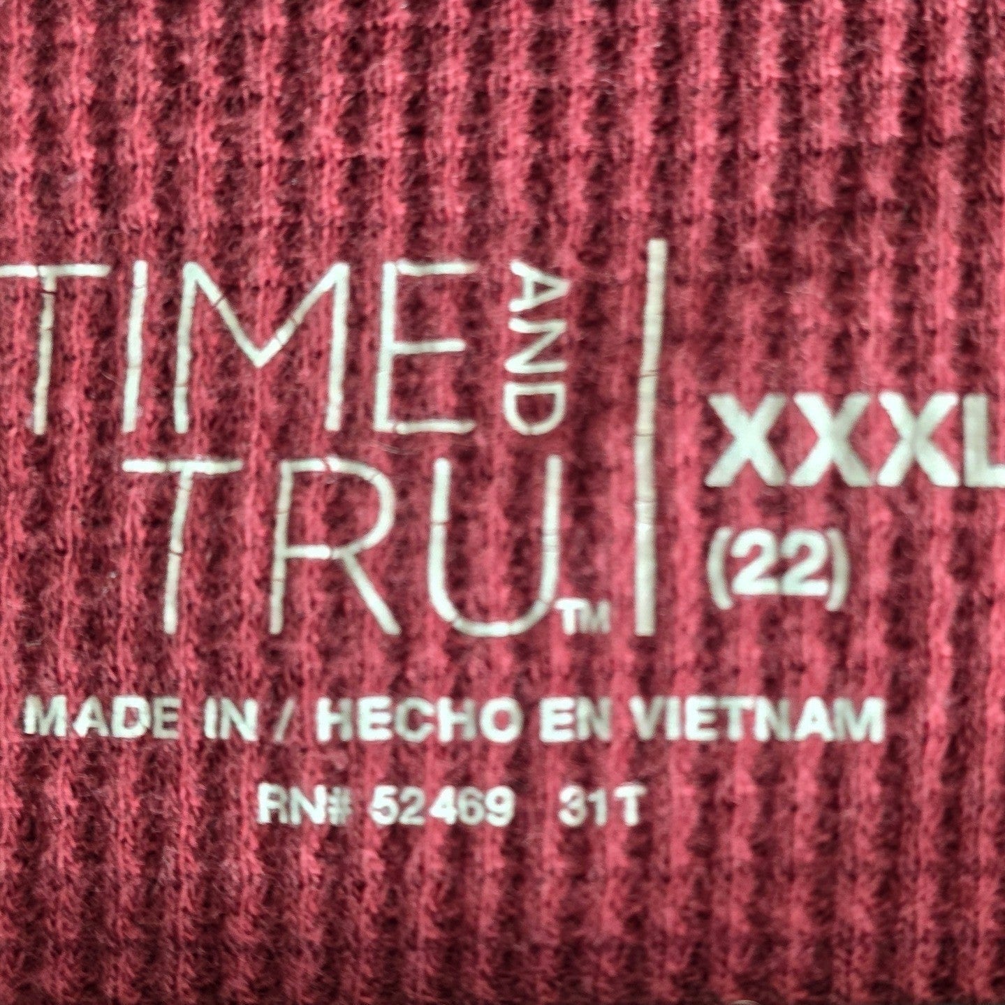 Time and & Tru Waffle Knit Thermal Top Womens Plus Size XXXL 22 Burgundy Long Sl