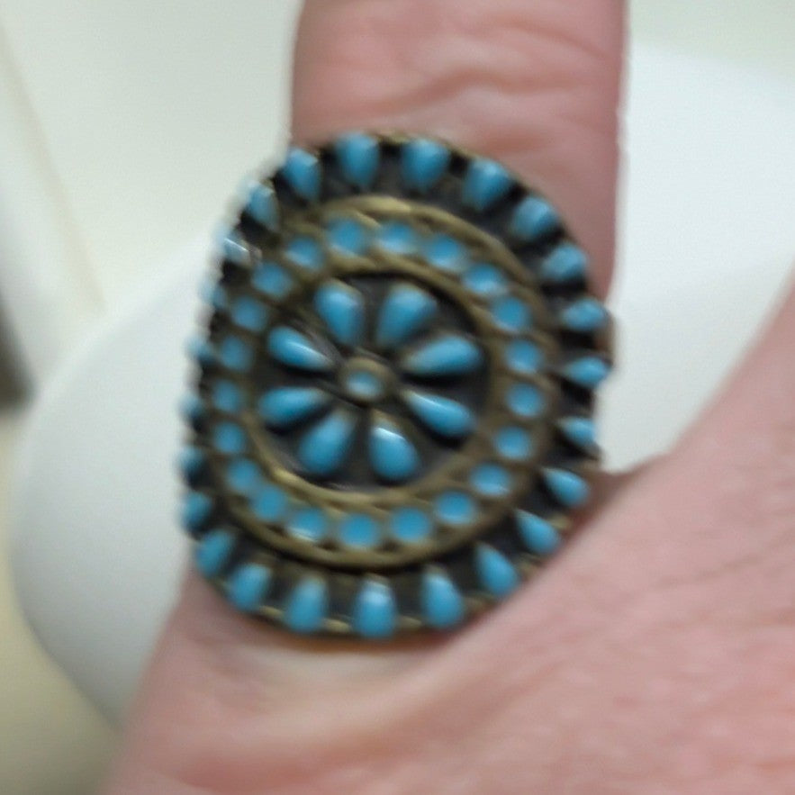 Vintage Statement Oval Turquoise Faux Stone Ring Size 6.5 Brass Tone Boho Ethnic