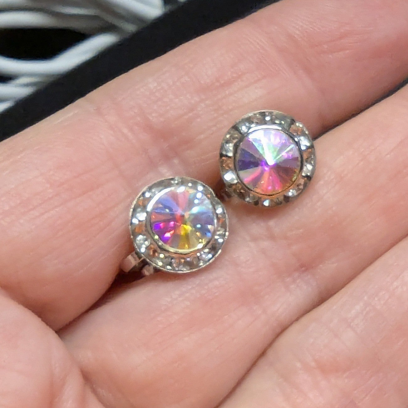 New Clip On Earrings Silver PLated Aurora Borealis AB Crystal Halo Round Wedding