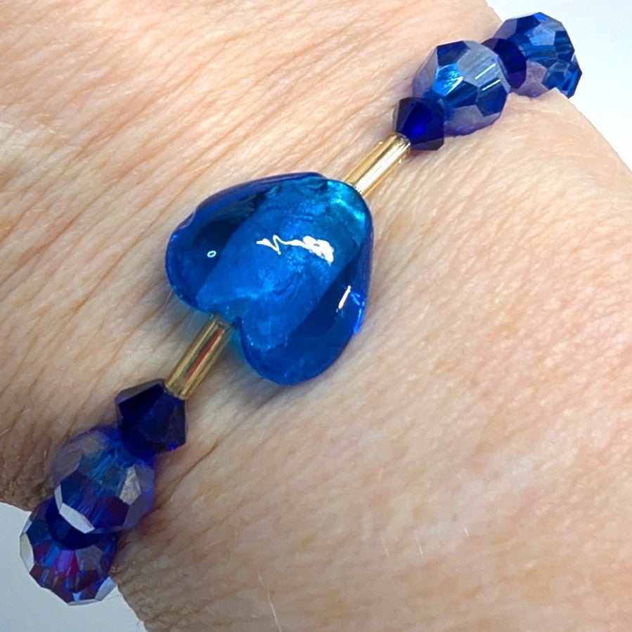 Vintage Beaded Bracelet Cold Cobalt Blue Faceted Glass Heart Stretch Sparkly