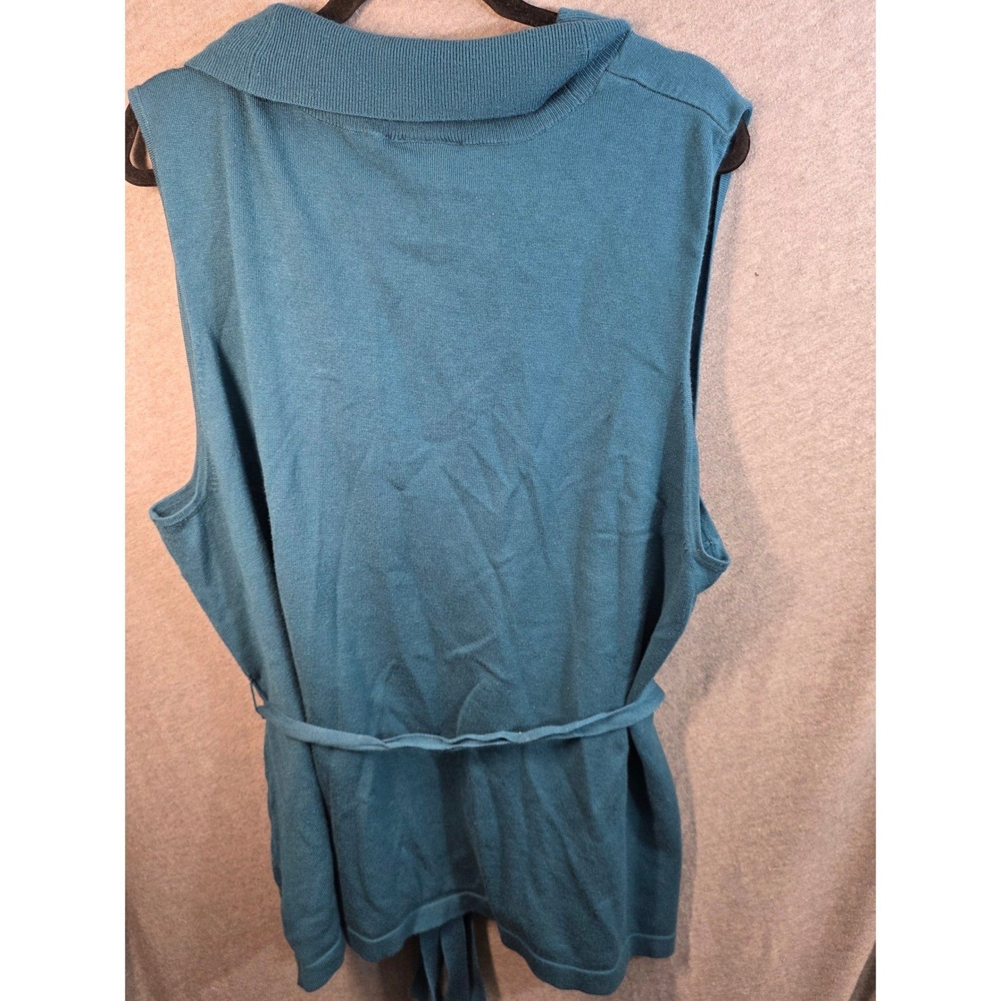 Lane Bryant Sweater Vest Womens 26/28 Teal Cowl Neck Sleeveless Belted Knit