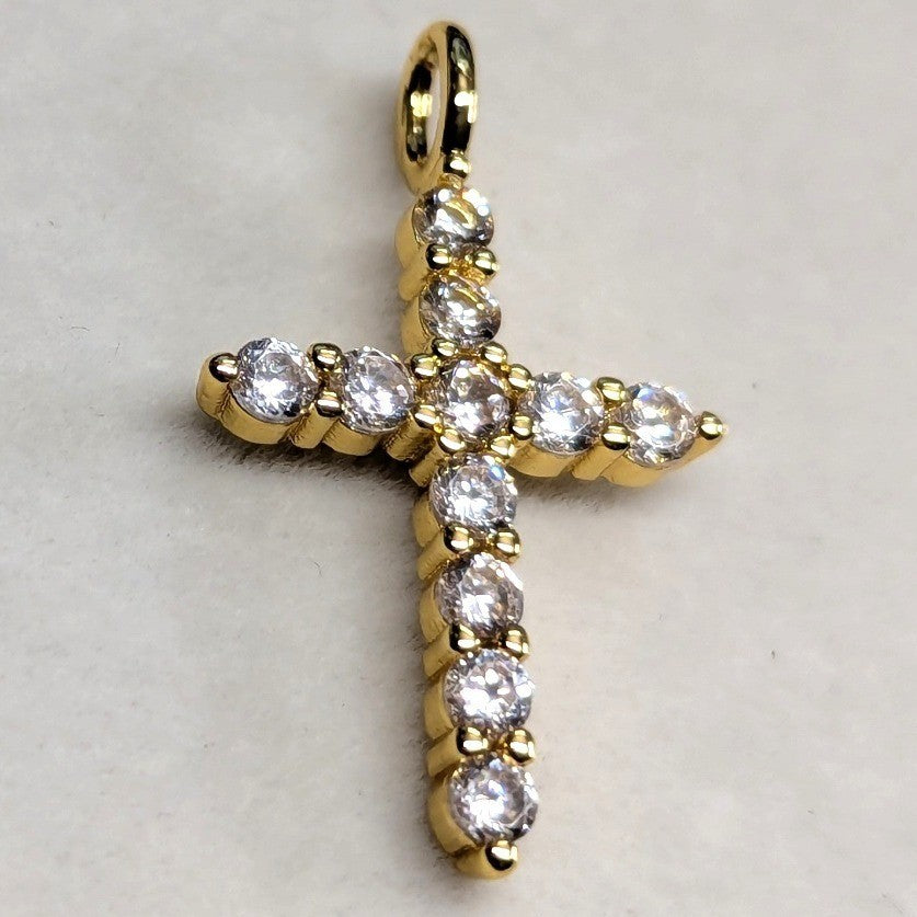 New 14K Gold PLated Cross Pendant Women Goldtone Cubic Zirconia Religious Charm