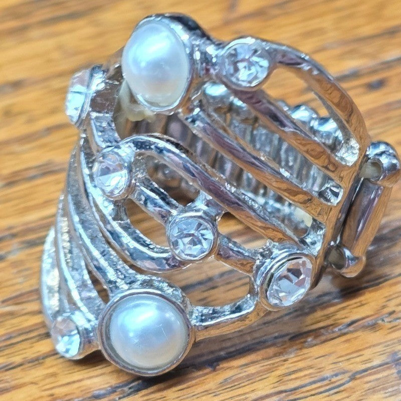 New Faux Pearl Clear Rhinestone Stretchy Ring Plus Size Silver Tone Swirl Design