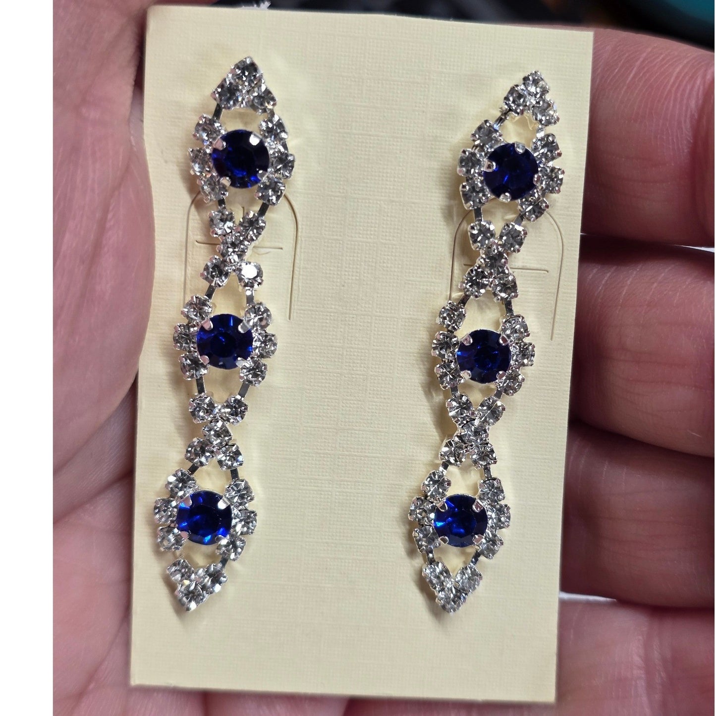 New Blue Clear Rhinestone Crystal Dangle Drop Earrings Silver Tone Art Deco 2"