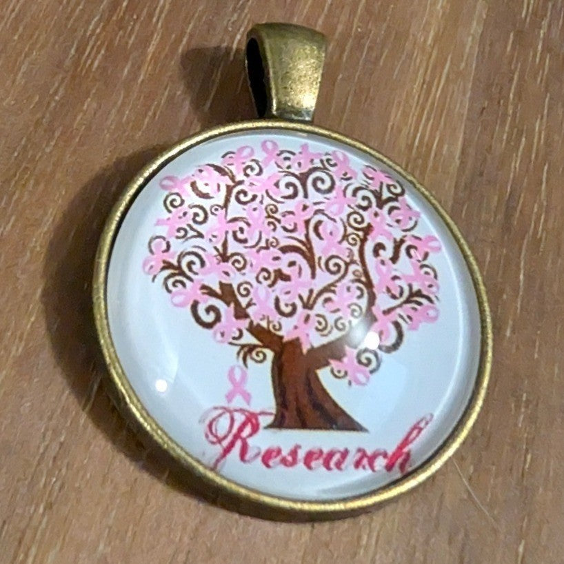 New Vintage Breast Cancer Awareness Research Pendant Cabochon Pink Tree Ribbons