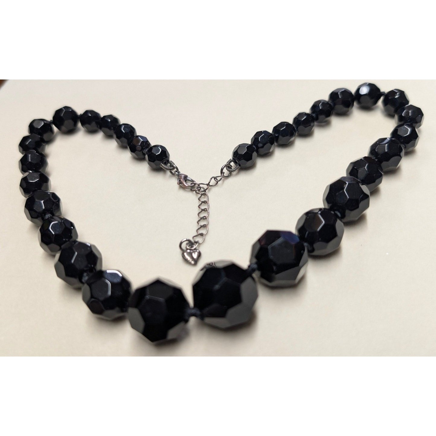 Vtg Glass Beaded Statement Necklace Black Faceted Graduated Chunky Goth Heavy