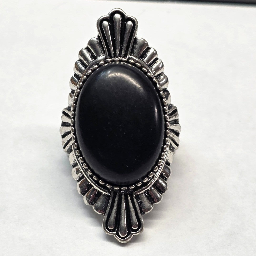 New Huge Ring Women Black Oval Stone Silver Tone Stretch Band Heavy Statement