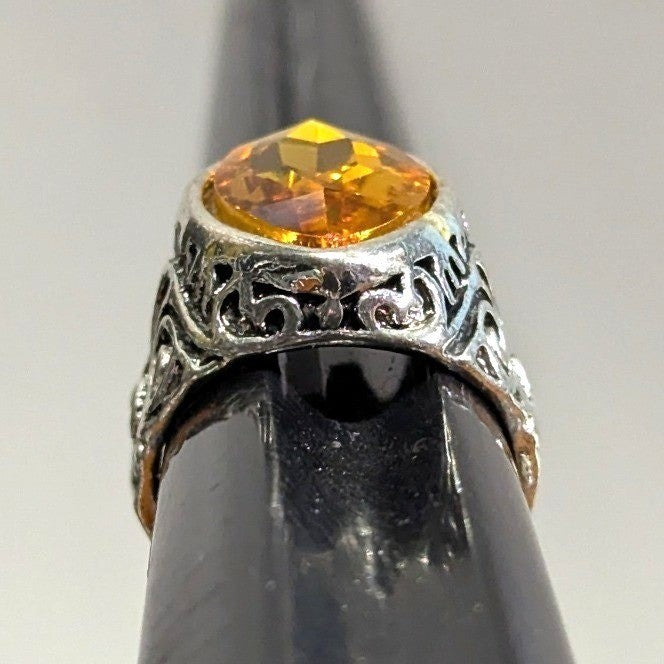 SilverTone Marquise Faceted Yellow Citrine November Statement Ring Plus Size 11