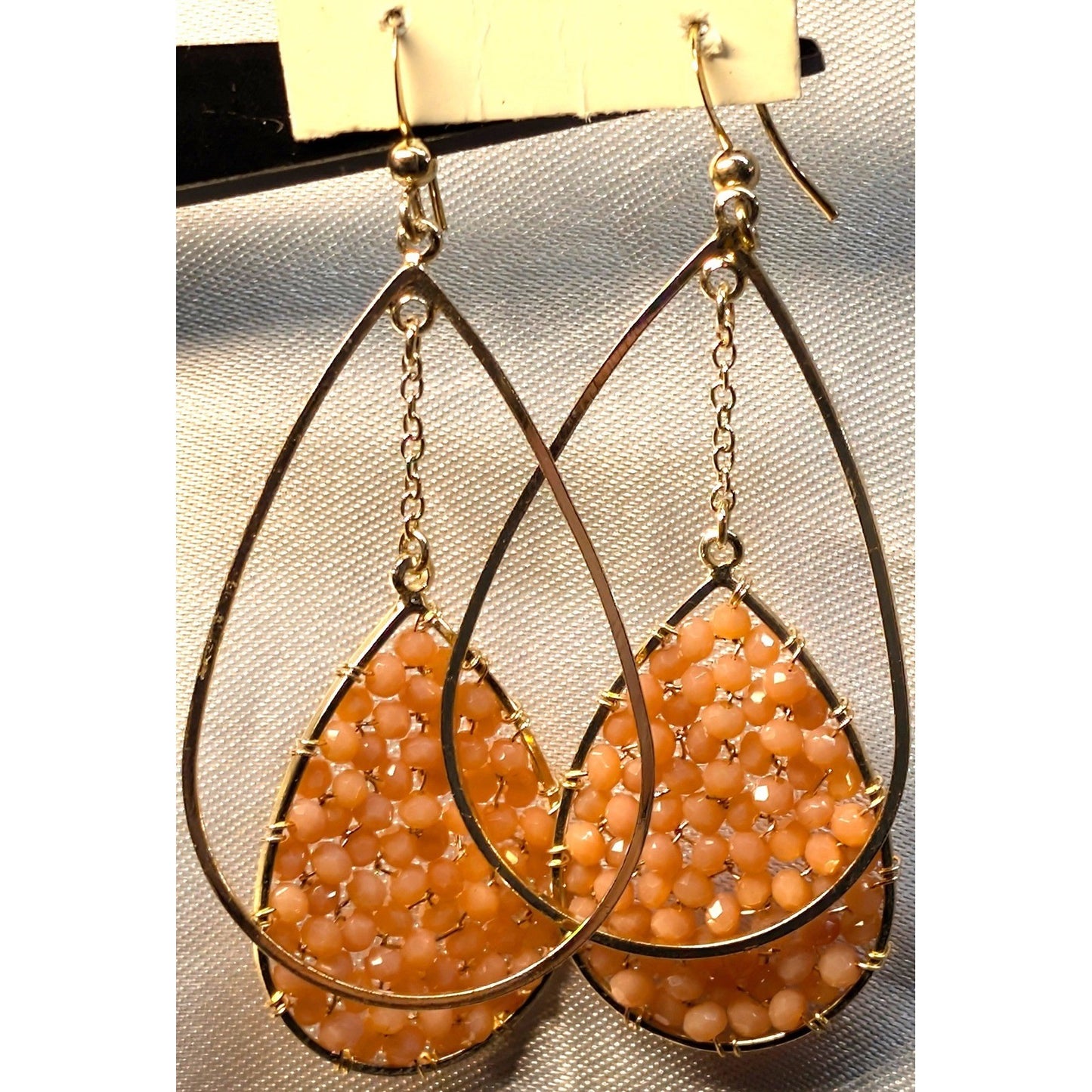 Vintage Double Teardrop Earrings Cold Beads Peach Gold Tone Beaded Dangle Drop