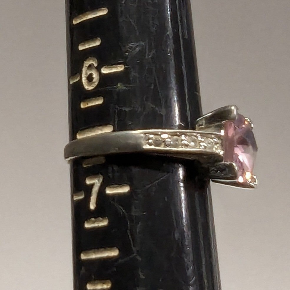 Sterling Silver 925 Pink Stone Ring Size 6.5 Square Cut Faceted Clear Rhinestone