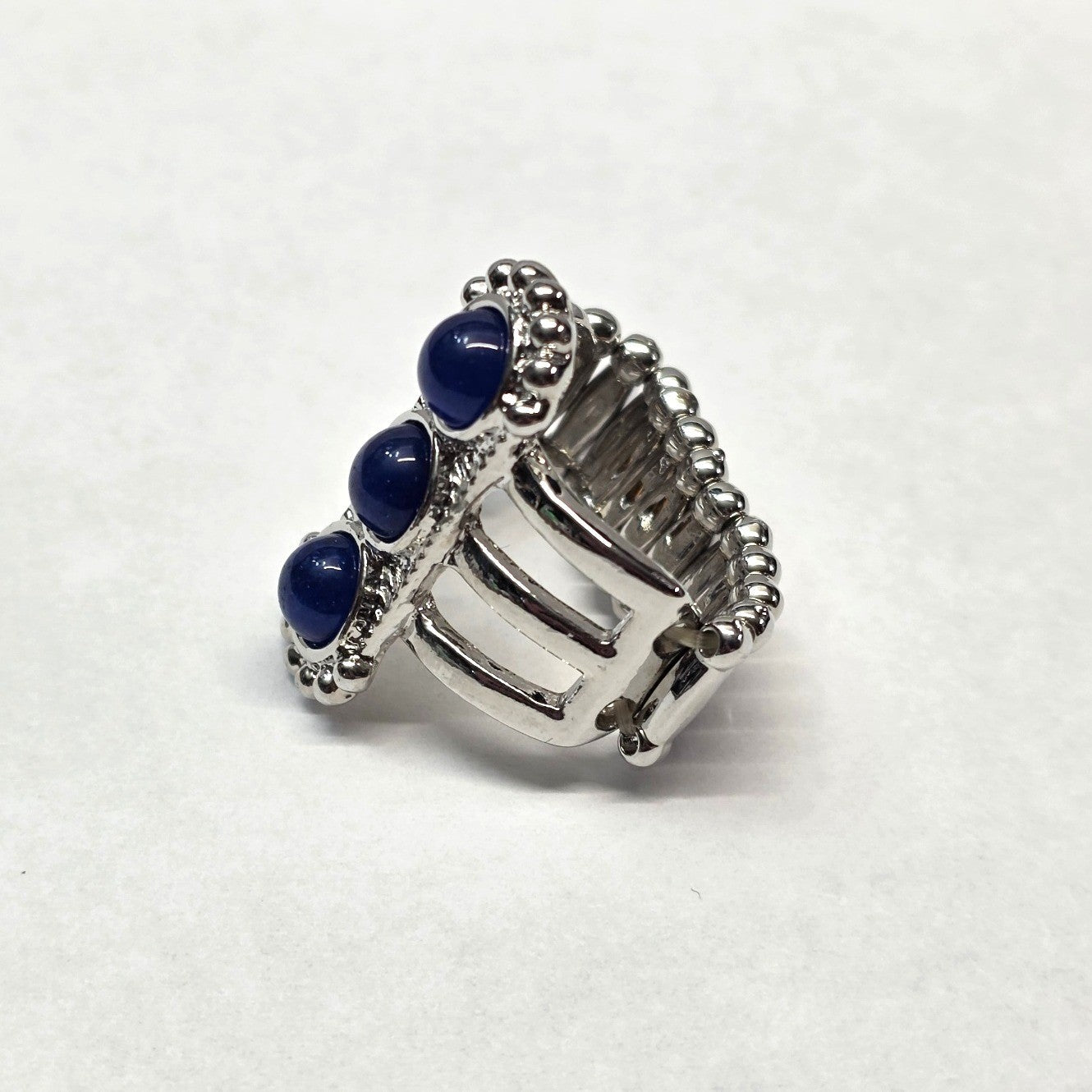 New Ring Blue Silver Tone Stretch Band Beaded 3 Cabochon Stones Statement