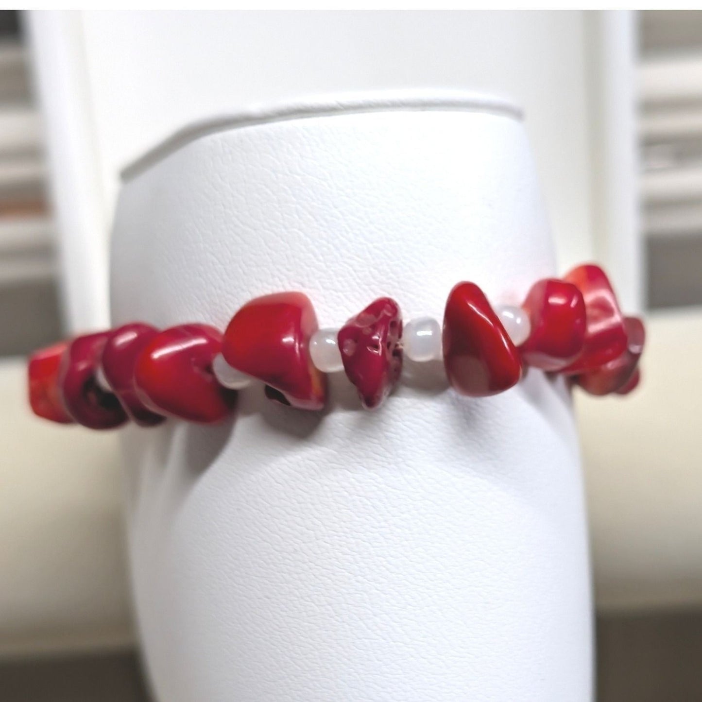 Red Coral ? Nugget Beaded Stretch Bracelet Boho Organic Natural Stone White Bead
