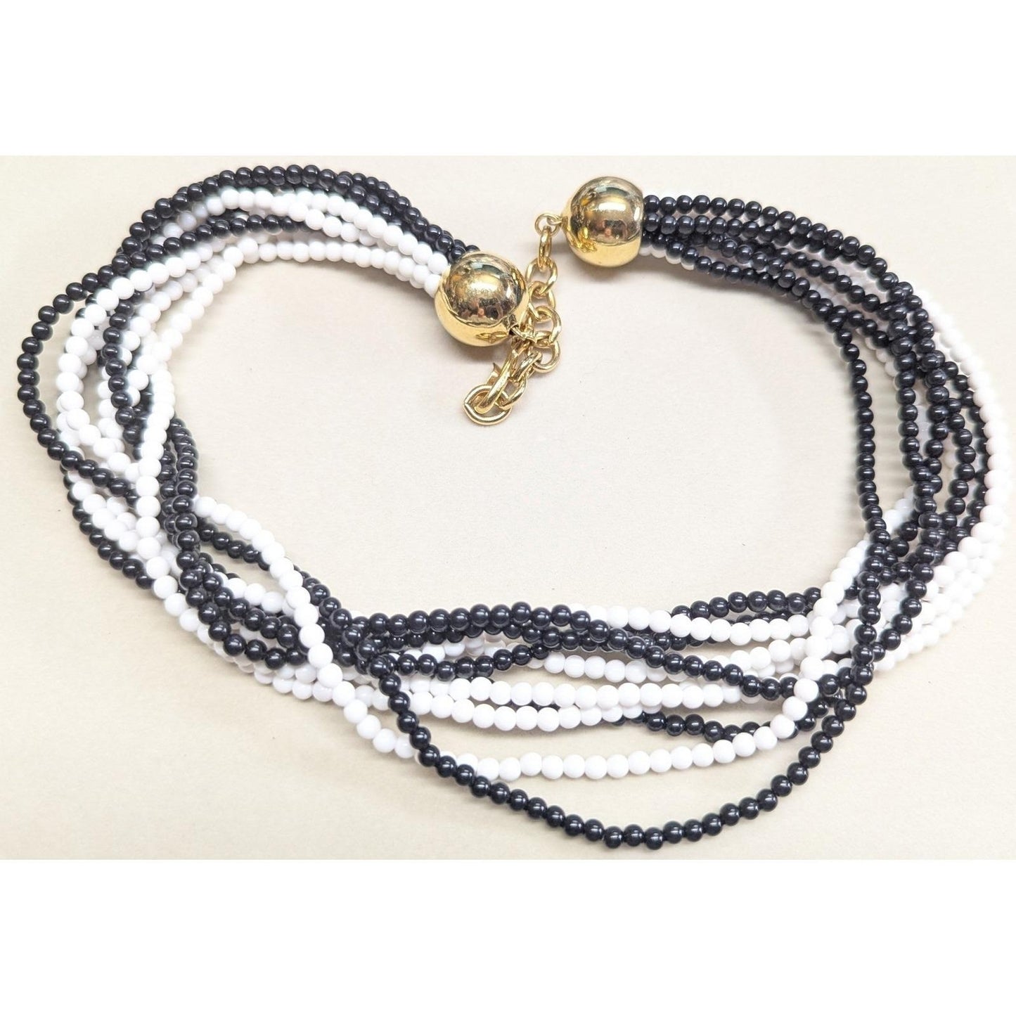 Vtg 21" Monet 10 Multi Strand Beaded Necklace Black White Gold Tone Hook Clasp