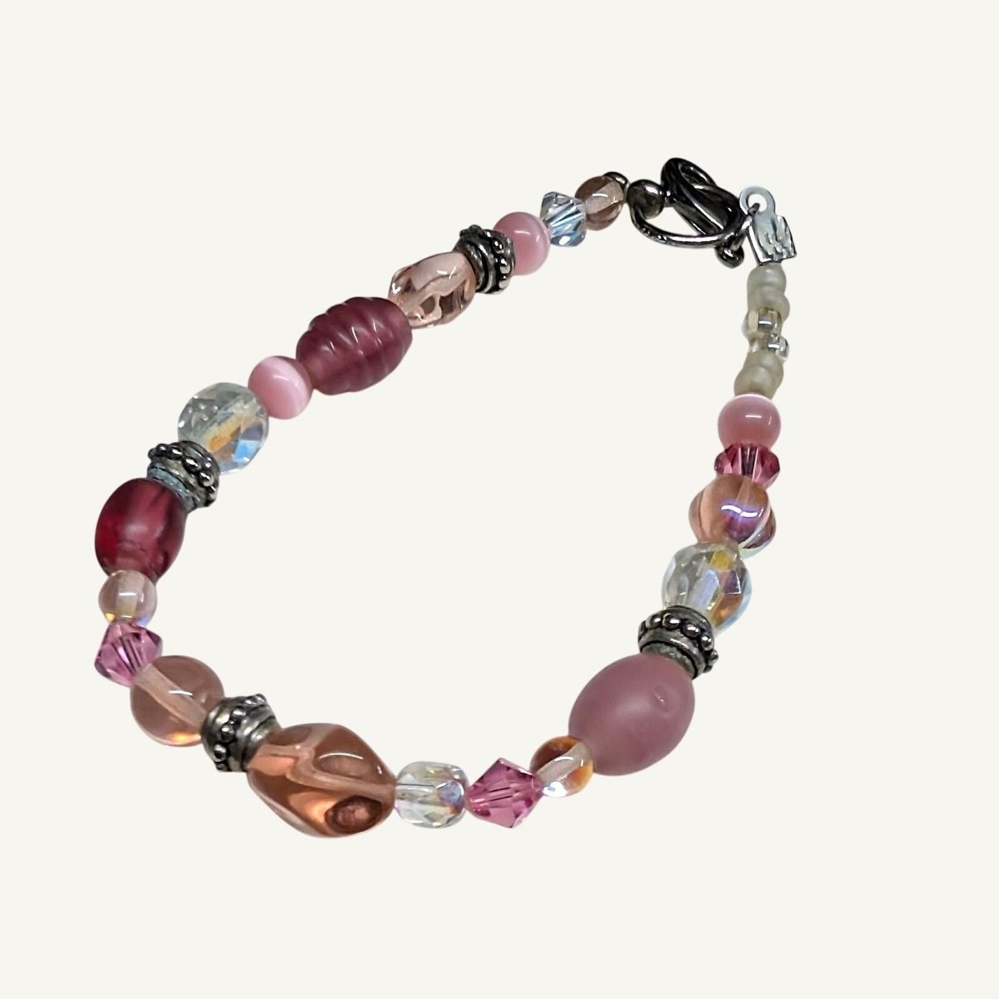 Handmade Pink Beaded Bracelet Pink Cat Eye Silver Tone Crystal Glass 8.5 Large