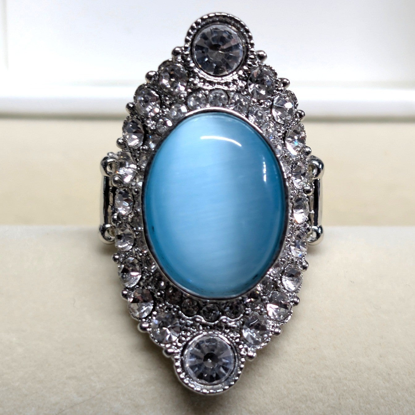 New Big Blue Faux Cat Eye Moonstone Rhinestone Statement Ring SilverTone Stretch