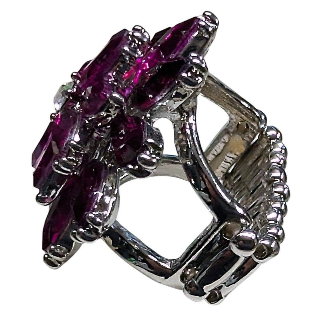 New Huge Flower Floral Statement Ring Purple Marquise Rhinestones Stretch Band