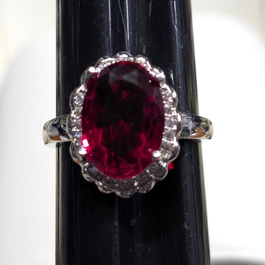 New 925 Marked Red Stone Halo Ring Plus Size 9.5 SilverTone Oval Rhinestones
