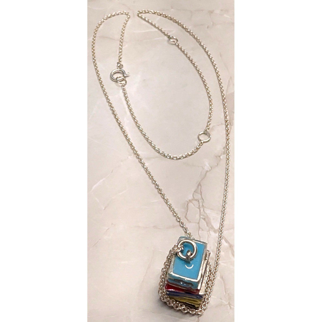 Vtg Real Sterling Silver 925 Stack of Books Pendant 20.75" Necklace Enamel Charm