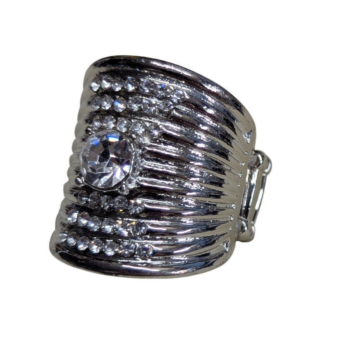 New Wide Band Clear Rhinestone Ring Silver Tone Ribbed Statement Noodle Cocktail