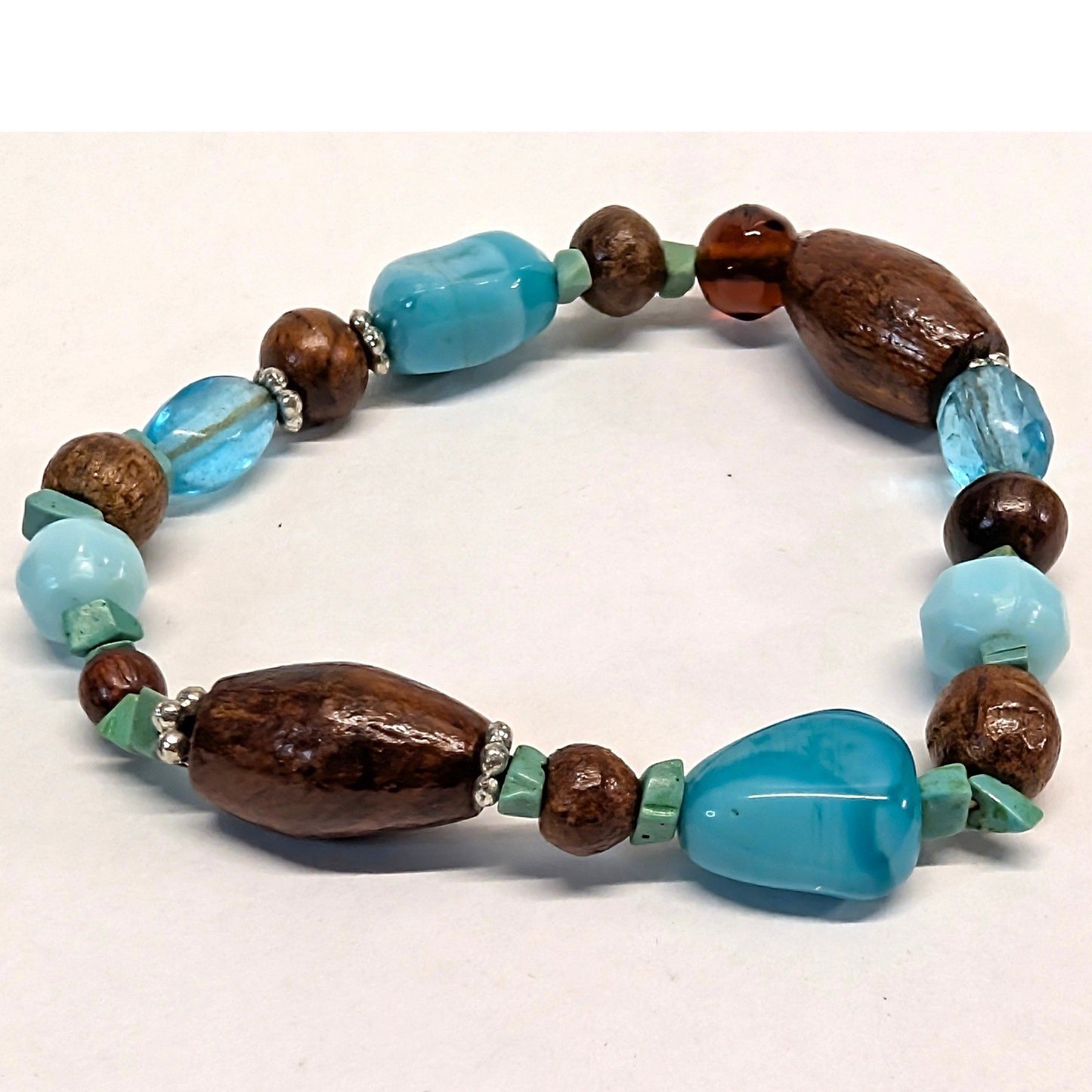 Beaded Stretch Bracelet Blue Brown Wood Glass Stone Beads Boho Eclectic Handmade