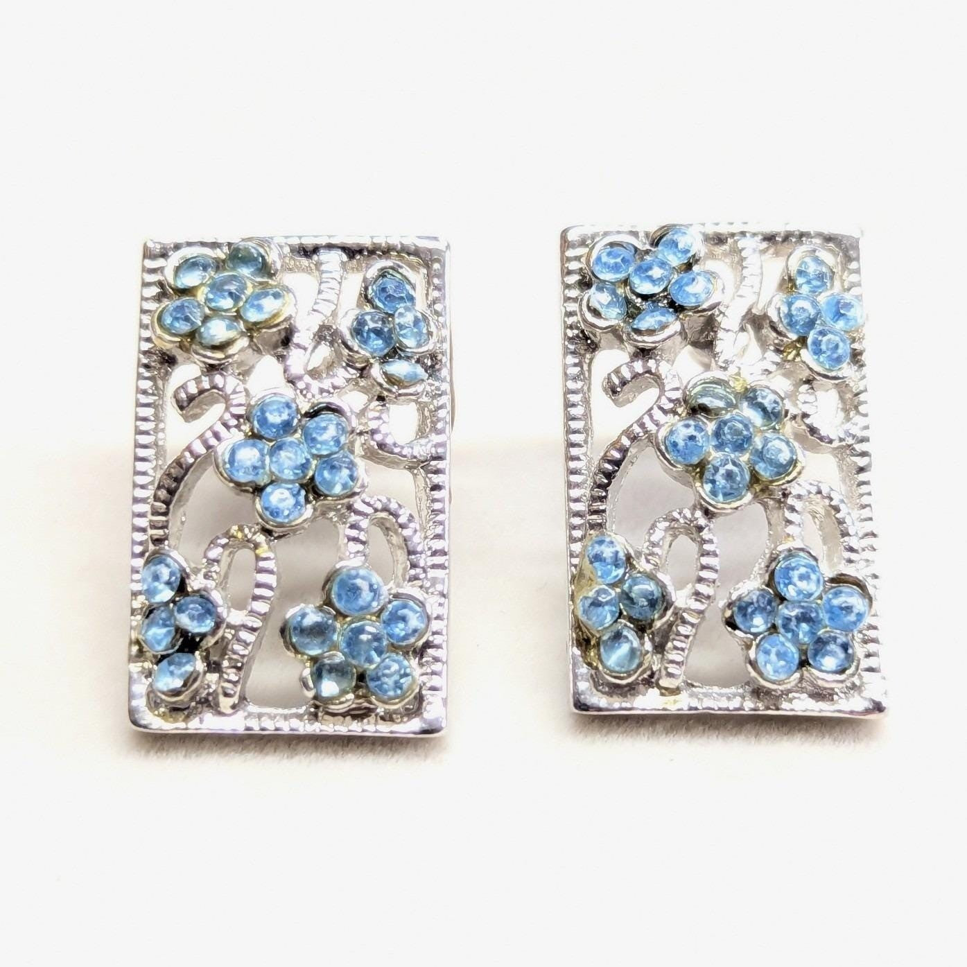 Vintage Filigree Floral Stud Earrings Blue Silvertone Rhinestones Rectangle