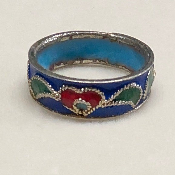 Vintage Cloisonne Enamel Inside Heart Band Ring Size 5.5 Blue Red Green Boho