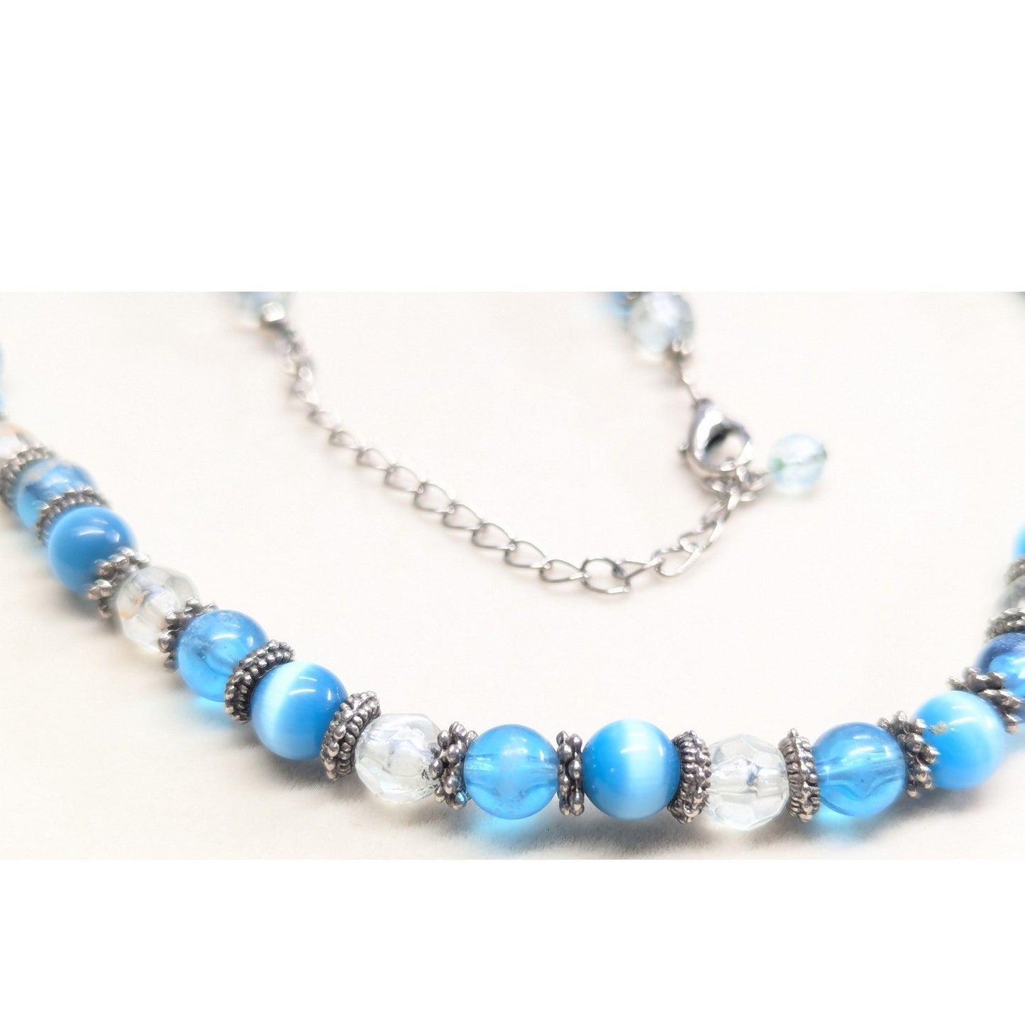Vintage Beaded Necklace Blue Cats Eye Glass Silver Tone Boho Strand Clear Beads