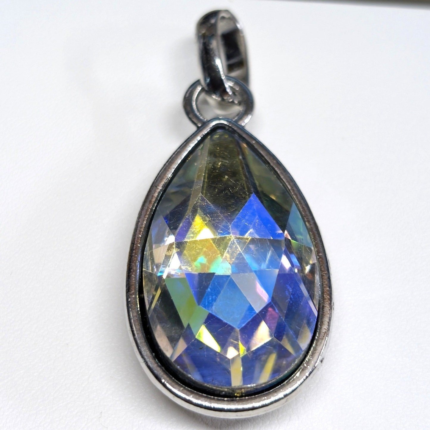 New 2.5 Inch Crystal Teardrop Pendant SilverTone Iridescent Aurora Borealis AB