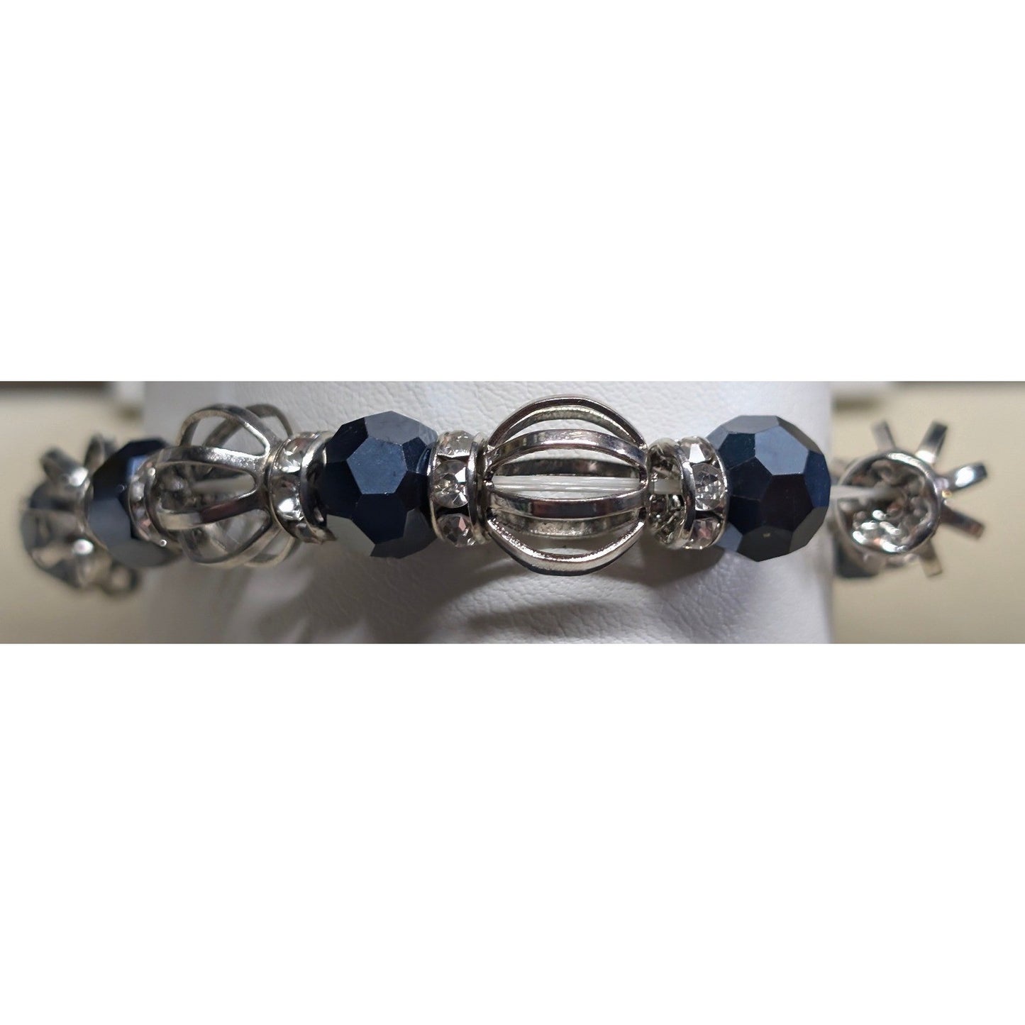 New Beaded Stretch Bracelet Silver Tone Blue Faceted Clear Rhinestone Cage Beads