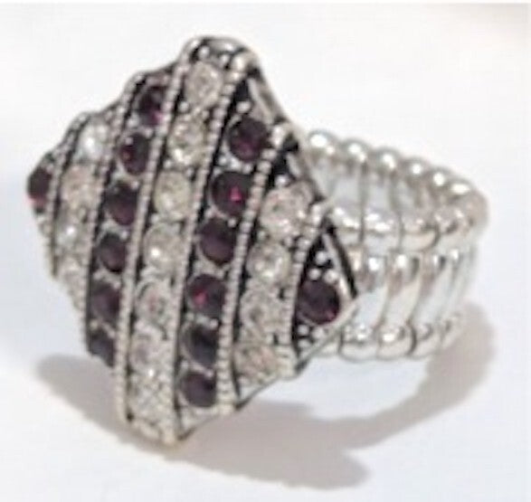 New Ring Purple Clear Silver Tone Rhinestones Stretch Band Art Deco Style Square