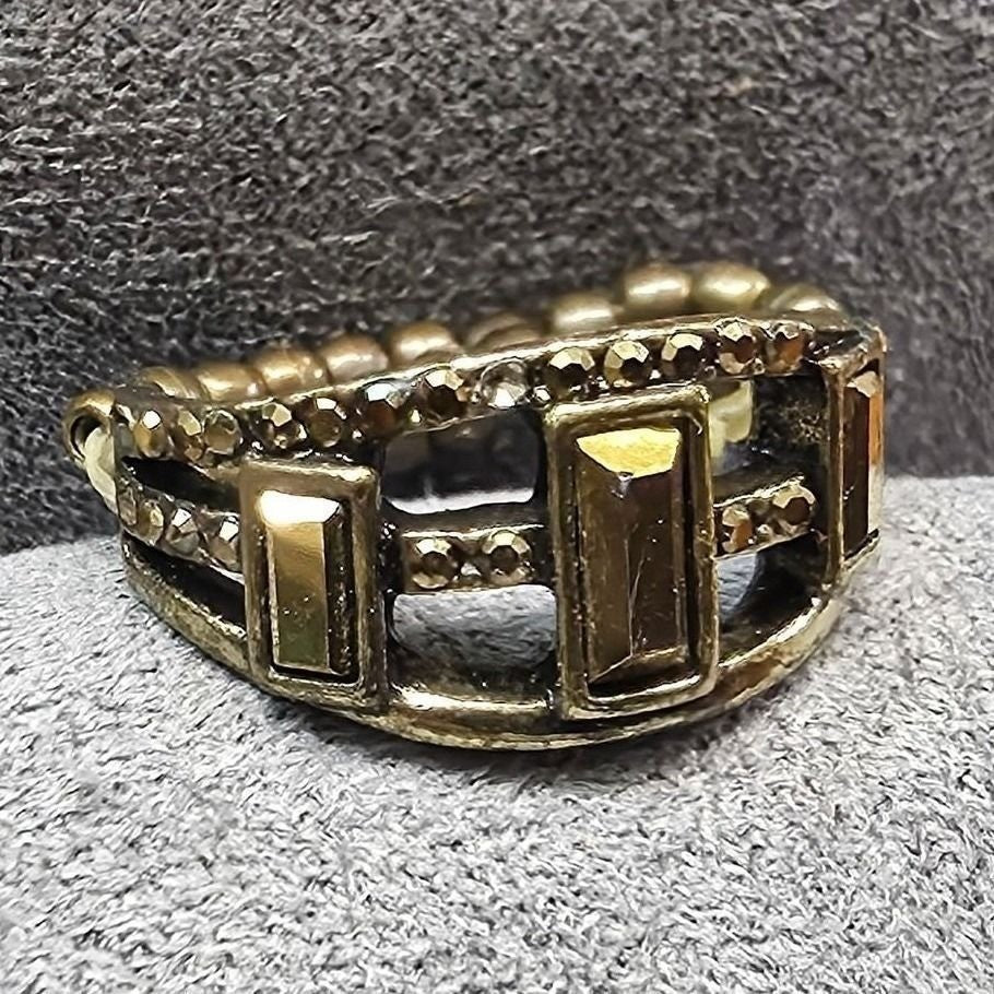 New Statement Stretch Band Ring Brass Smoky Topaz Color Rhinestones Multibar