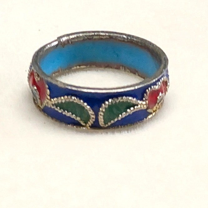Vintage Cloisonne Enamel Inside Heart Band Ring Size 5.5 Blue Red Green Boho
