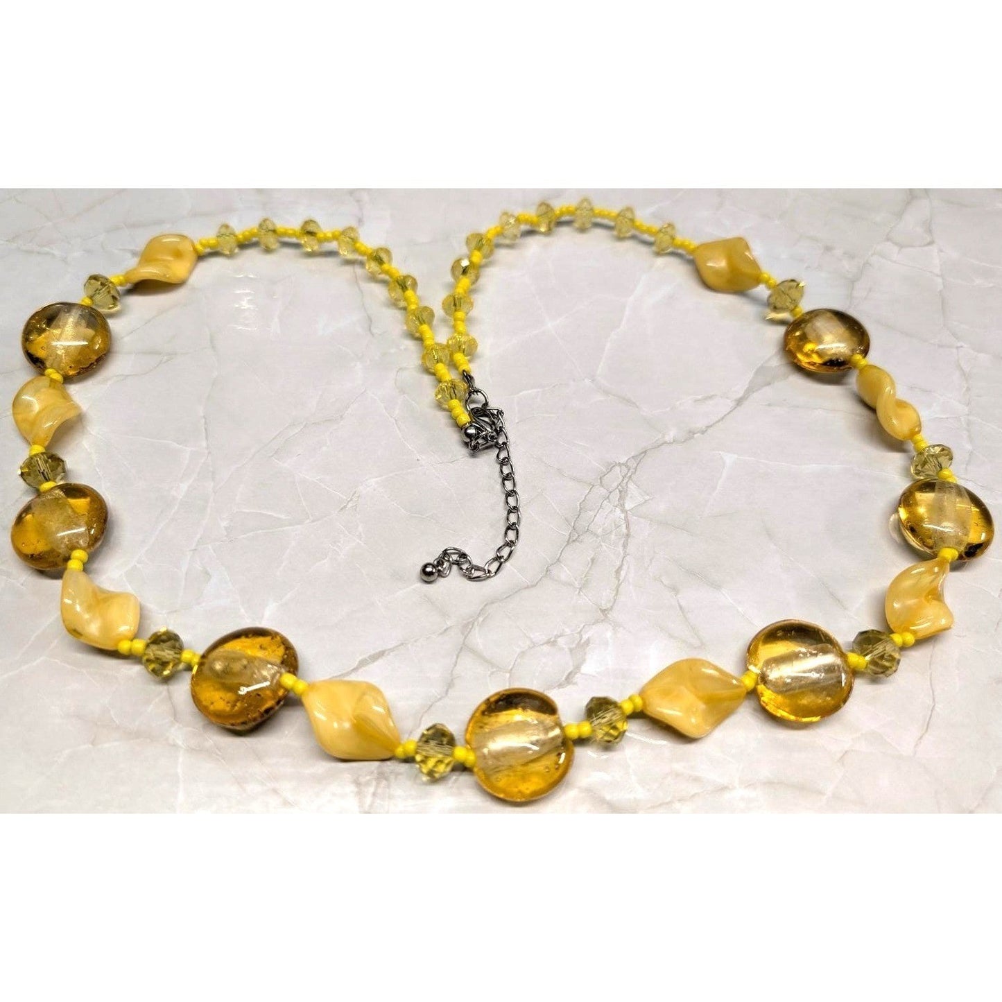 Vintage Yellow Glass Disc Twisted Faceted Crystal Beads Beaded Necklace 29.5"