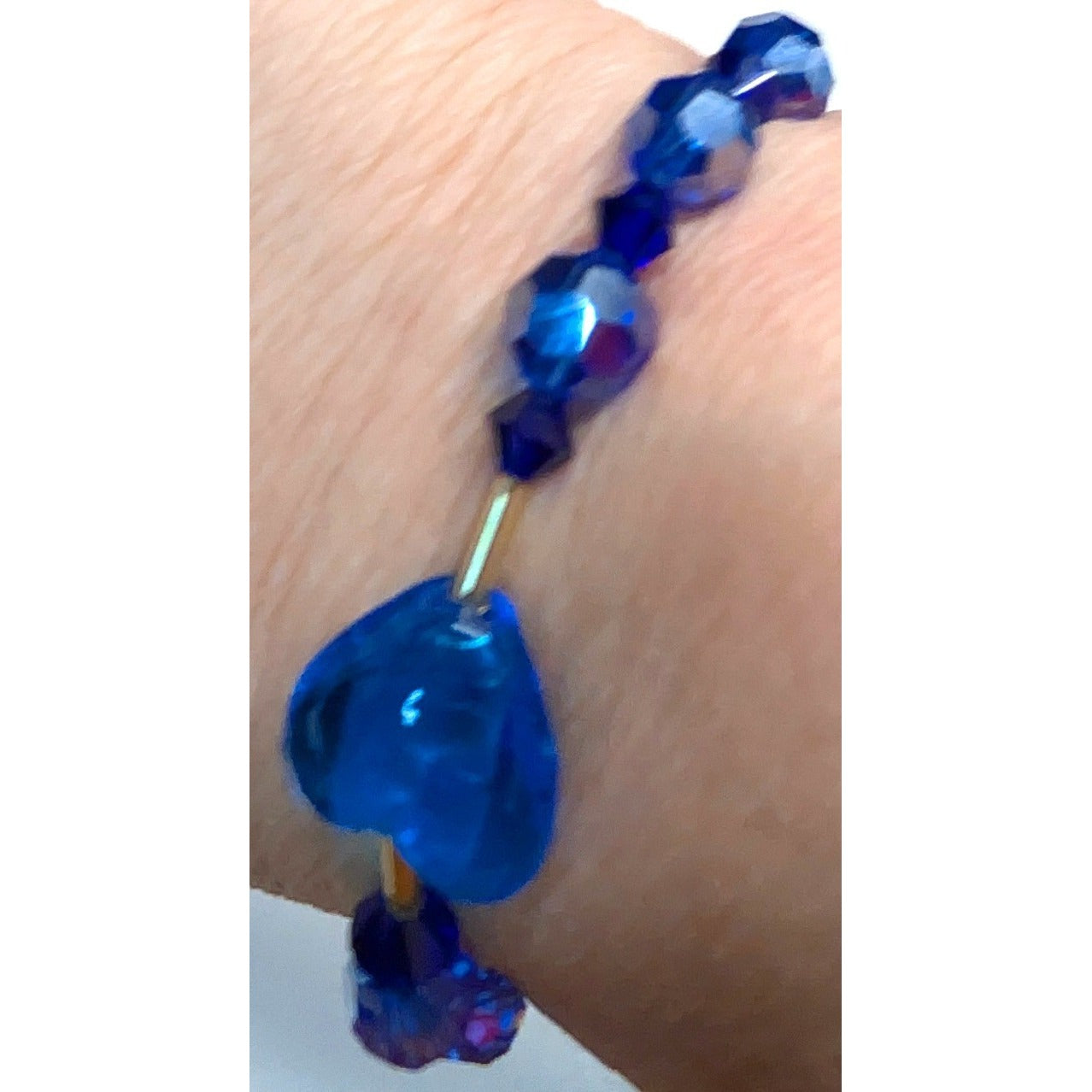 Vintage Beaded Bracelet Cold Cobalt Blue Faceted Glass Heart Stretch Sparkly