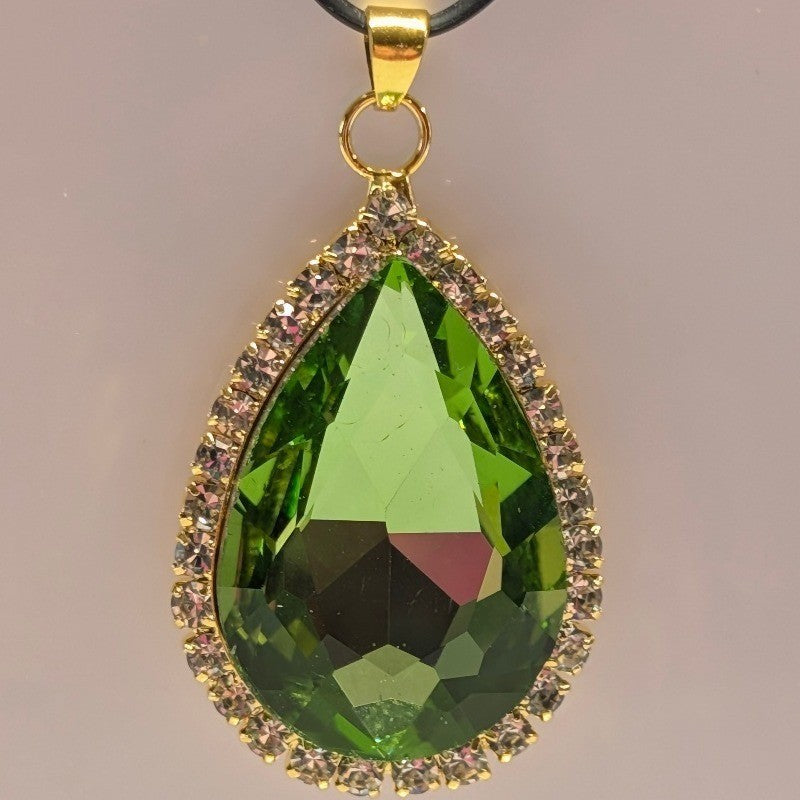 New 1.75" Pendant Peridot Green Gold Tone Clear Rhinestone Halo Teardrop Faceted
