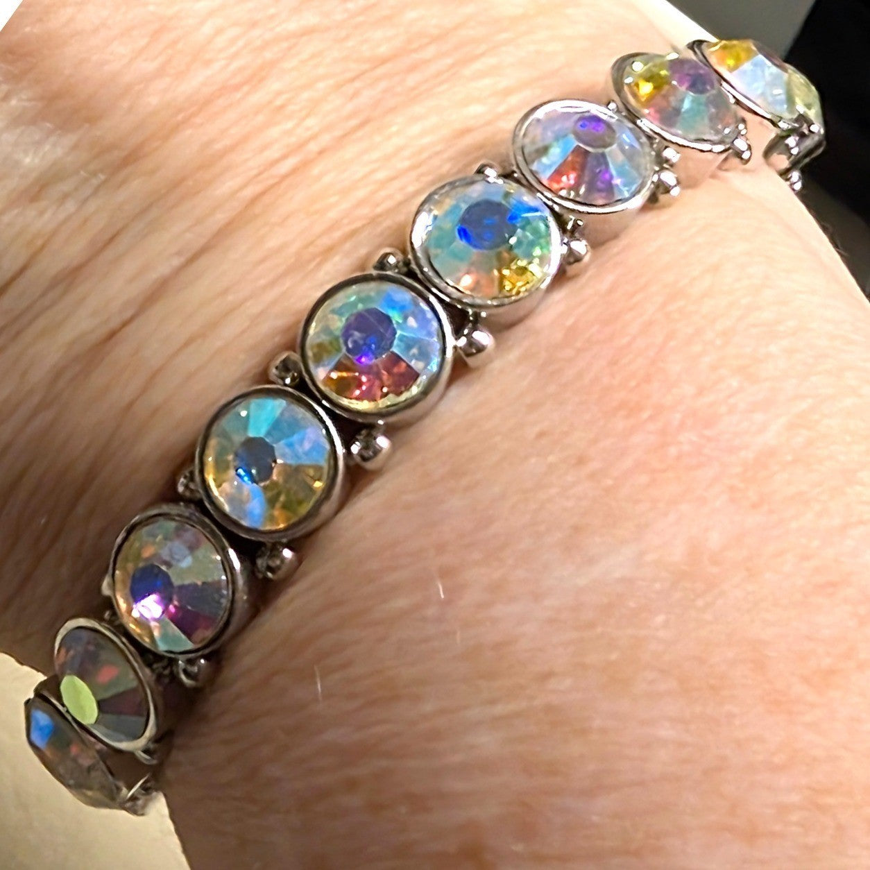 New Aurora Borealis Crystal Stretch Bracelet Silver Tone Iridescent AB Wedding