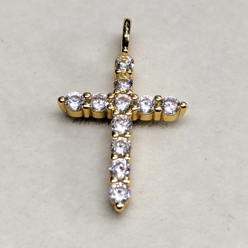 New 14K Gold PLated Cross Pendant Women Goldtone Cubic Zirconia Religious Charm