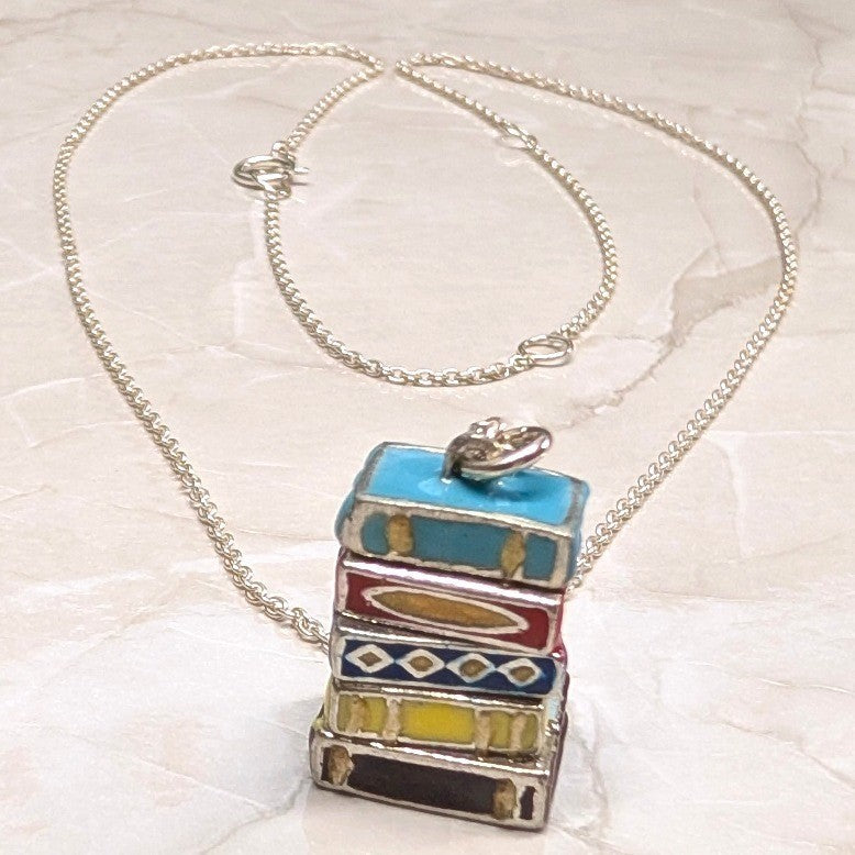 Vtg Real Sterling Silver 925 Stack of Books Pendant 20.75" Necklace Enamel Charm
