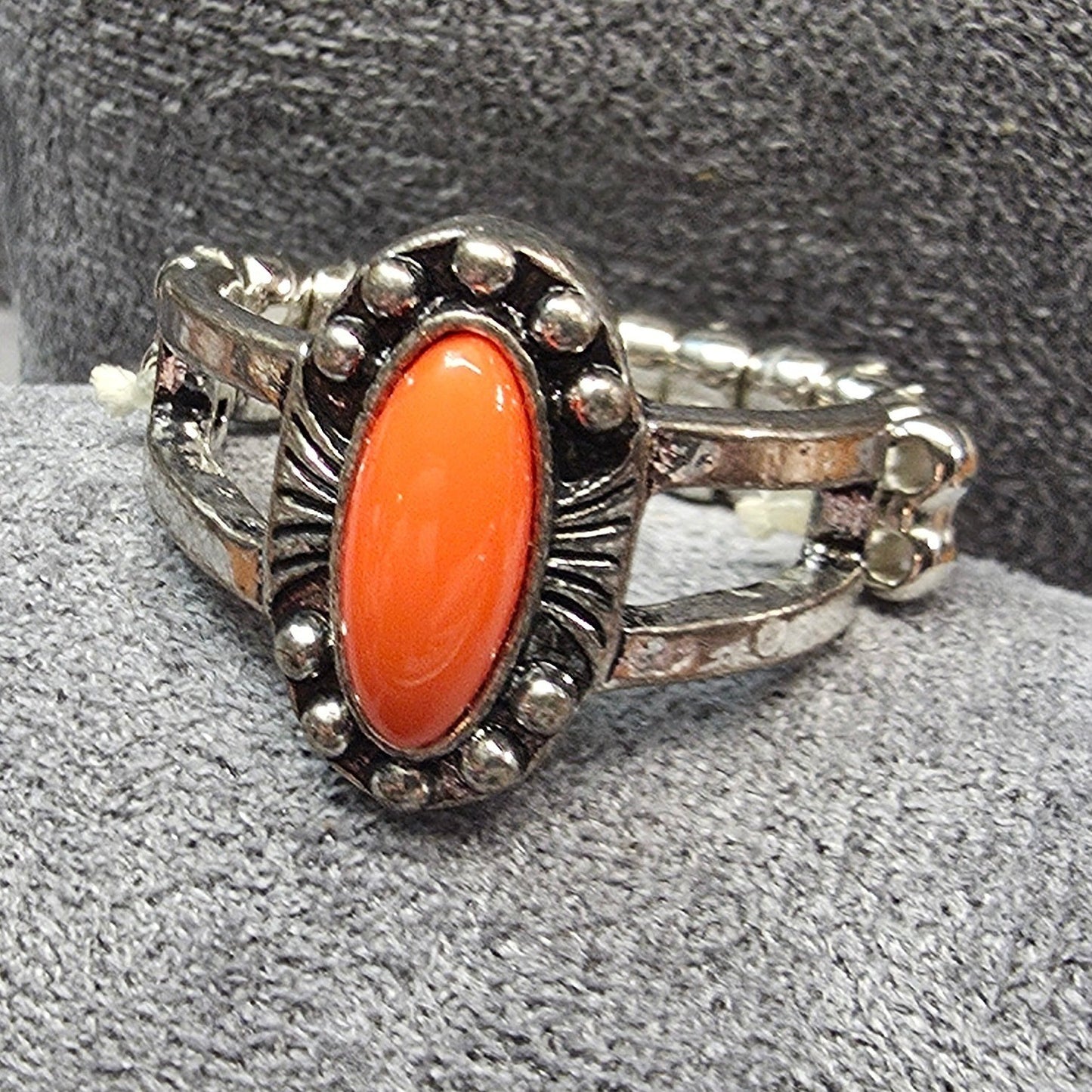 New Stretch Band Ring Oval Orange Stone Southwestern Boho Cabochon Silver Tone