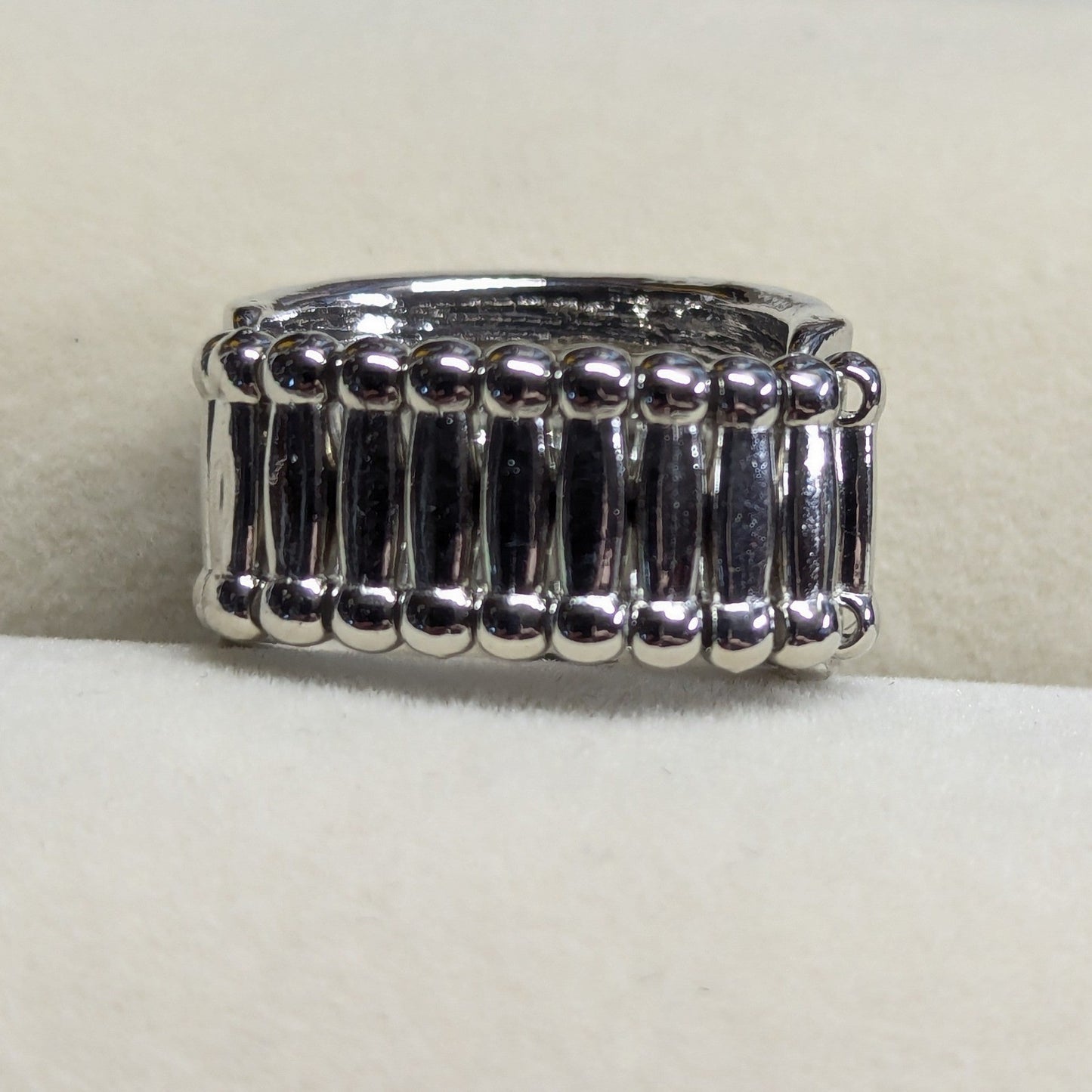 New Filigree Stretchy Ring Silver Tone Wide Band Scroll Design 3 Multi Row Plus