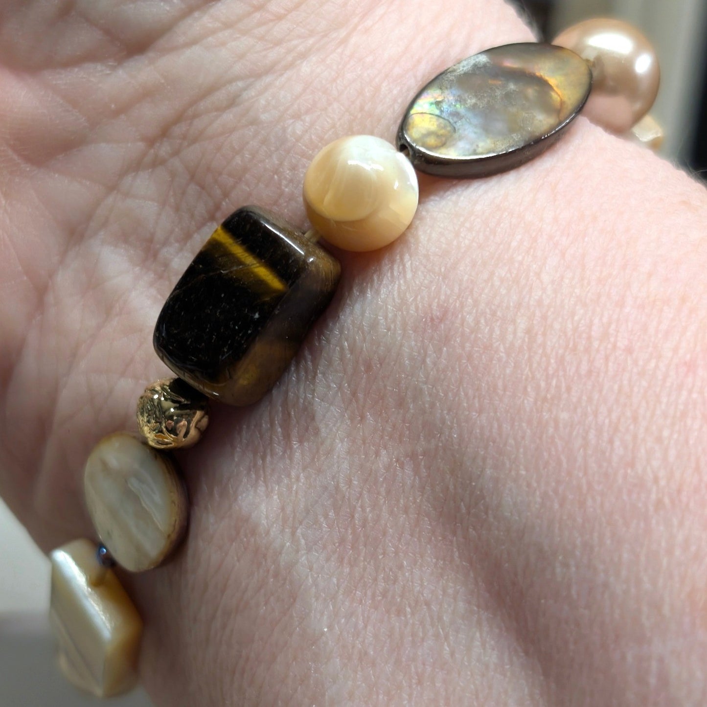 Vintage Tiger Eye Mother of Pearl Stretch Bracelet Brown Earthy Beaded Beads