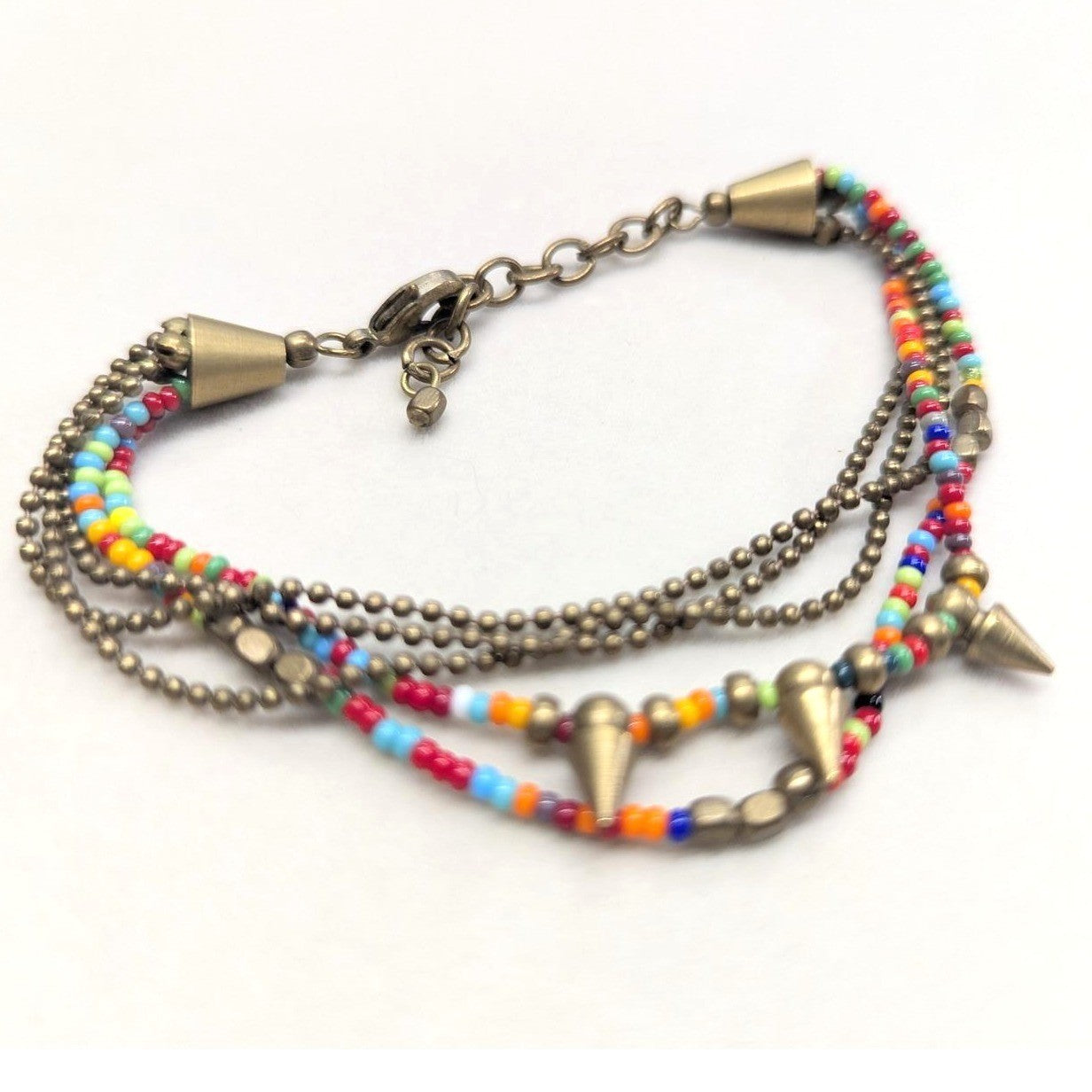 Vtg Beaded Multi Strand Spike Bracelet Multicolor Bronze Tone Boho Punk Beads