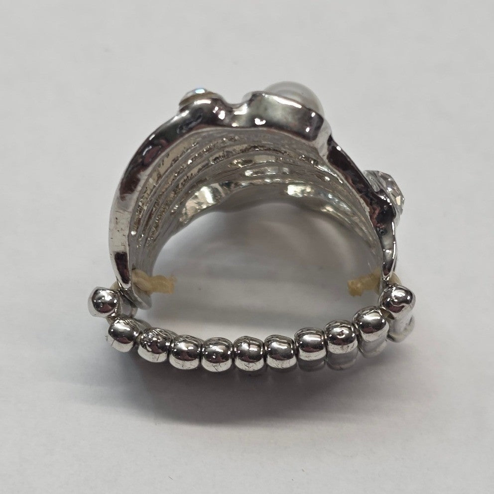 New Faux Pearl Clear Rhinestone Stretchy Ring Plus Size Silver Tone Swirl Design