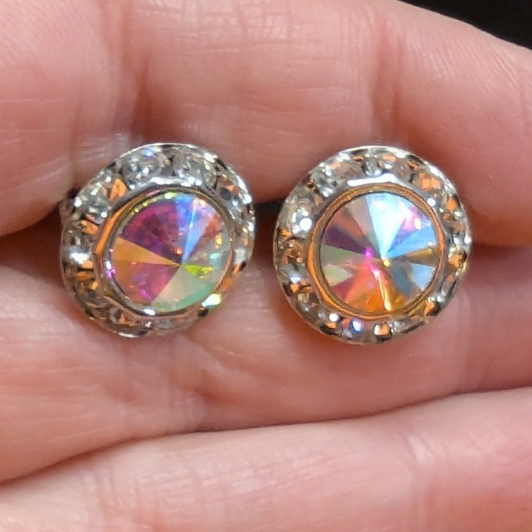 New Aurora Borealis AB Halo Rhinestones Clip On Earrings Silver PLated Wedding