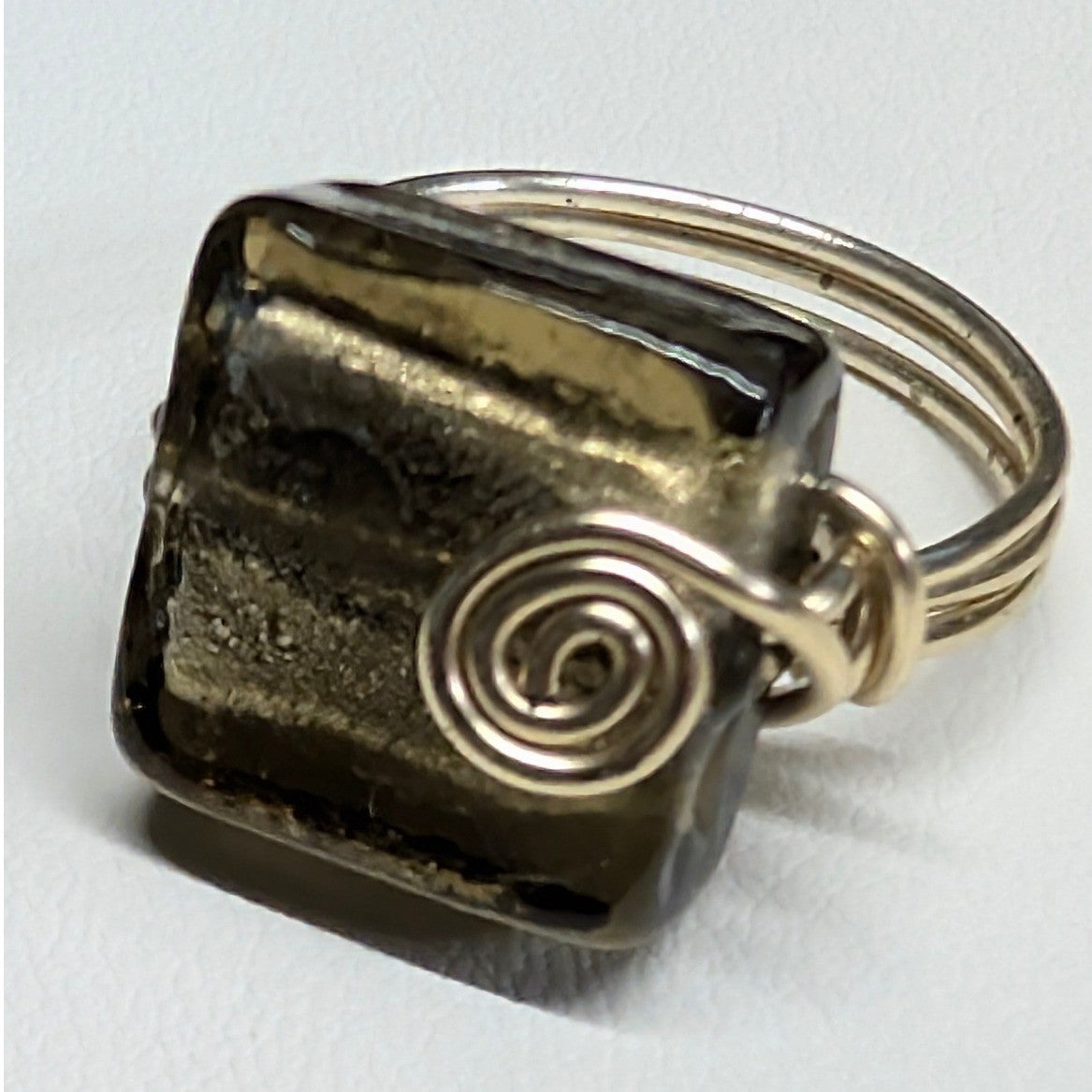 New HandMade Murano Glass Wire Wrapped Ring Sz 9.5 Brown Silvertone Foil Spiral