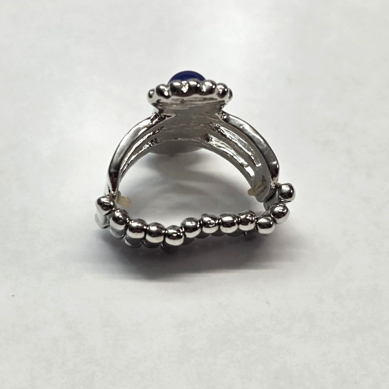 New Ring Blue Silver Tone Stretch Band Beaded 3 Cabochon Stones Statement