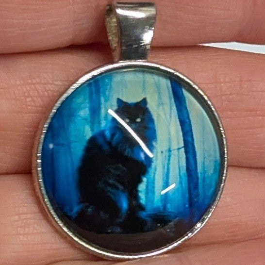 Vtg New Black Maine Coon Siberian Cat Feline Kitty Forest Pendant Glass Cabochon
