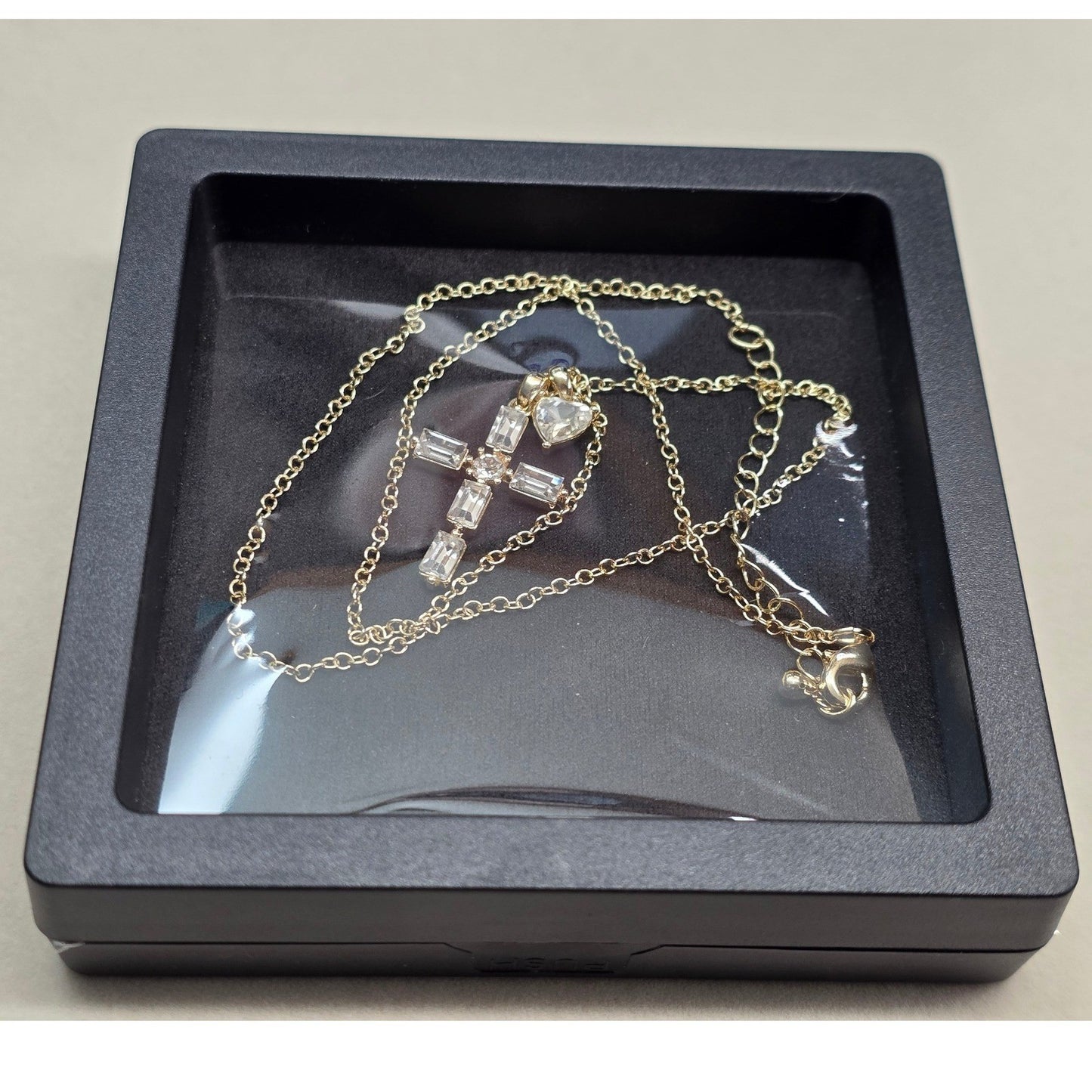 New Gift Box Gold PLated Cubic Zirconia CZ Cross Heart Pendants Necklace Charm